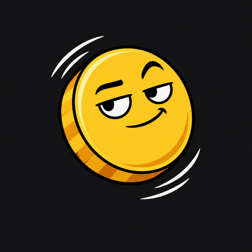 A smug gold coin with half-lidded eyes and a small smirk, caught mid-flip.